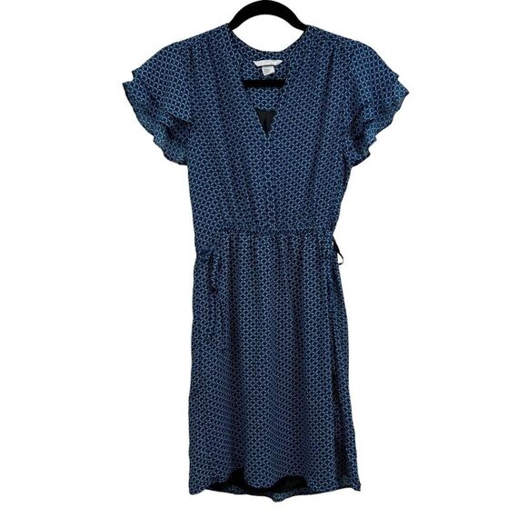 H&M Womens Dress Fit & Flare V Neck Ruffled Sleeves Tie Elastic‎ Waist Blue Sz 4 - Picture 1 of 5